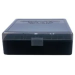 Berry's Ammo Box #007 smoke and black box, front view with translucent lid and center latch