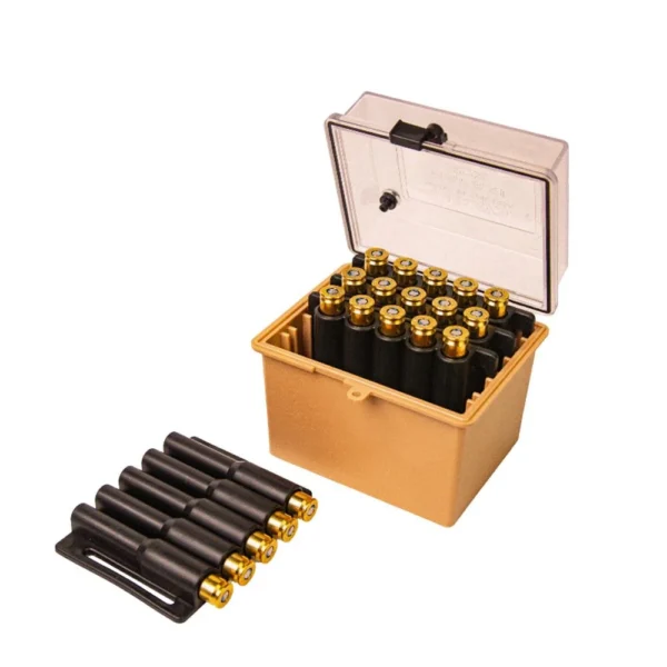Berry's Mfg Safari Ammo Box, open tan box with clear lid, cartridges and removable tray