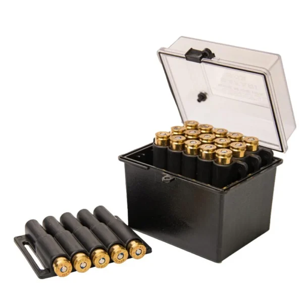 Berry's Mfg Safari Ammo Box, open black box with clear lid, cartridges and removable tray