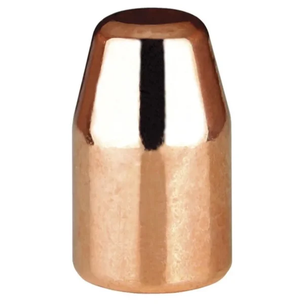 Berry's Superior Plated Pistol Bullets, copper-colored flat-point bullet in front view