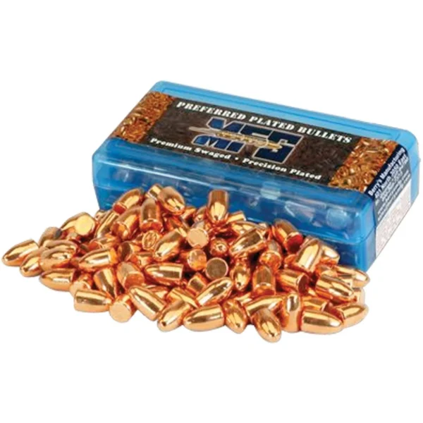 Berry's Superior Plated Pistol Bullets, copper-coloured bullets piled beside blue box