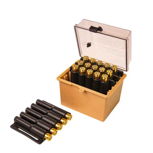 Berry's Mfg Safari Ammo Box, open tan box with clear lid, cartridges and tray
