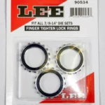 Lee Die Lock Rings, three black and brass-colored rings in retail blister packaging