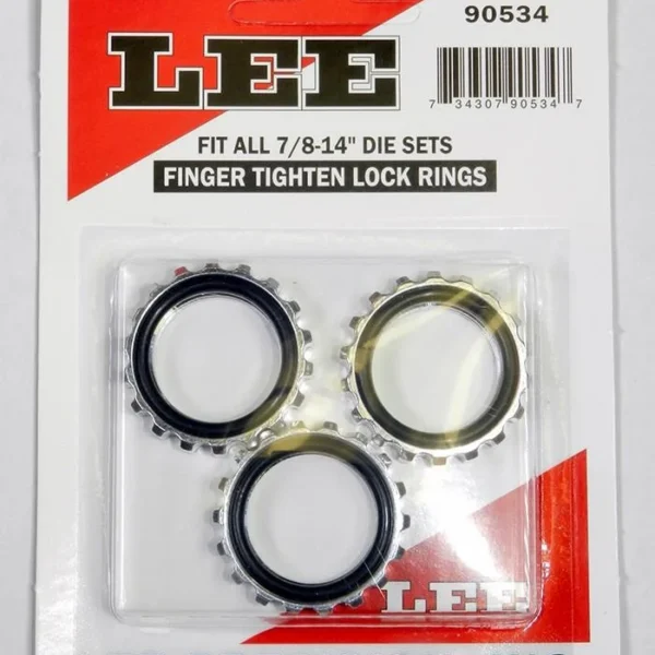 Lee Die Lock Rings, three black and brass-colored rings in retail blister packaging