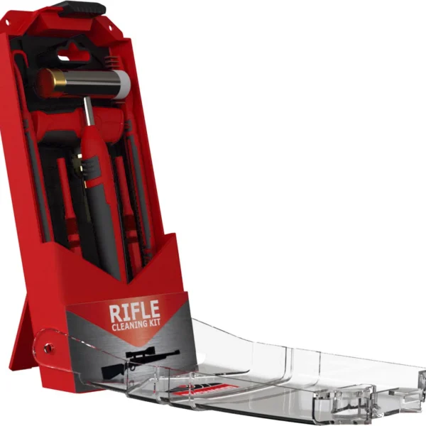 Birchwood Casey 22pc AR-15 Cleaning Kit displayed in a red stand with tools and clear tray