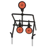 Birchwood Casey Gallery Resetting Target, black front view with three orange circular targets