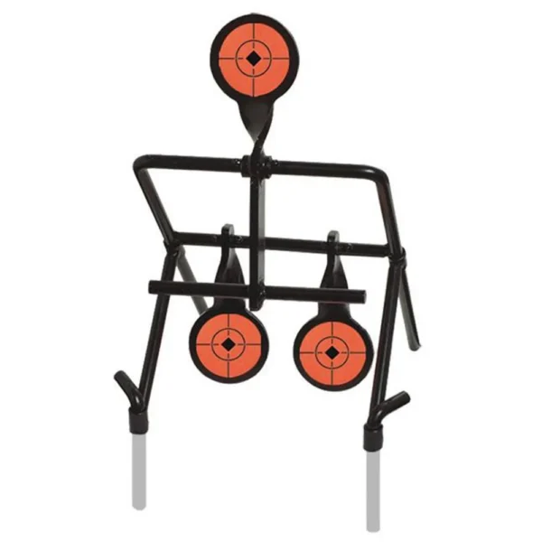 Birchwood Casey Gallery Resetting Target, black front view with three orange circular targets