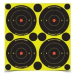 Birchwood Casey B/C SHT-N-C RND BULLSEYE TGT four black bullseyes on a yellow sheet
