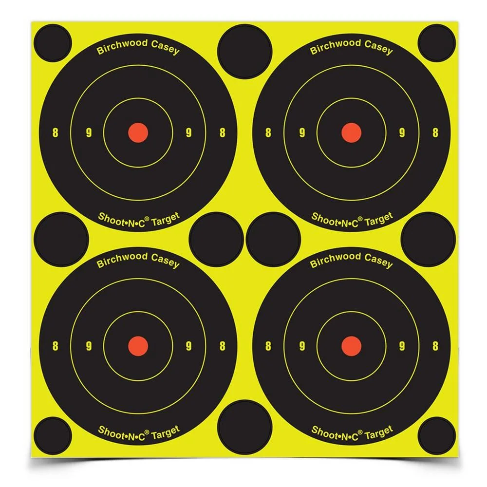 birchwood-casey-shoot-n-c-bullseye-target-primary Birchwood Casey B/C SHT-N-C RND BULLSEYE TGT four black bullseyes on a yellow sheet