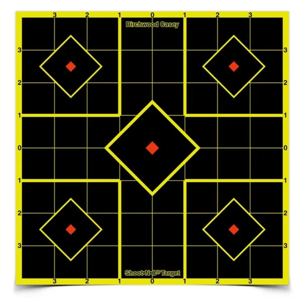 Birchwood Casey B/C SHT-N-C SIGHT IN TGT 15-8, front view with grid and five diamond bullseyes