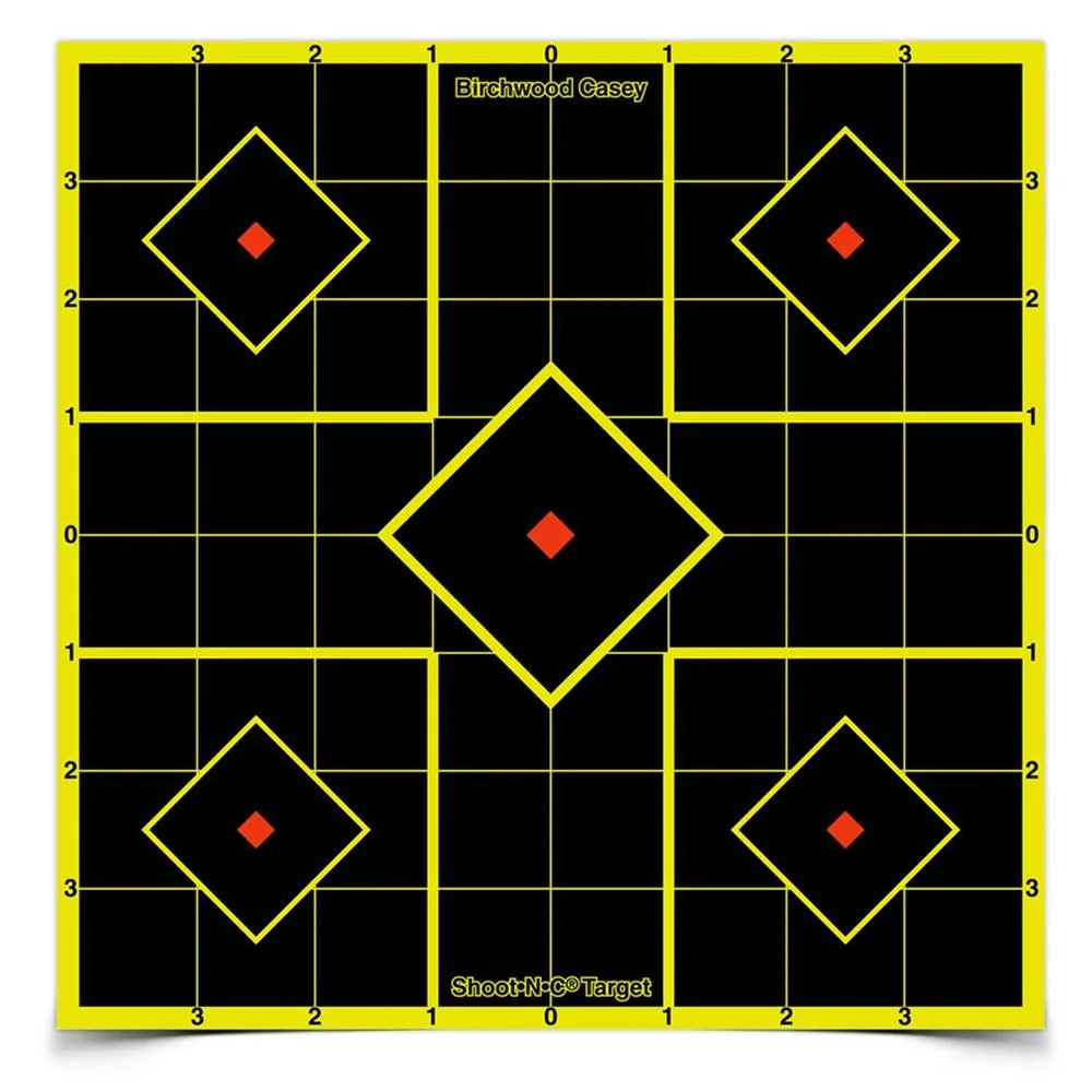 birchwood-casey-shoot-n-c-target-primary Birchwood Casey B/C SHT-N-C SIGHT IN TGT 15-8, front view with grid and five diamond bullseyes