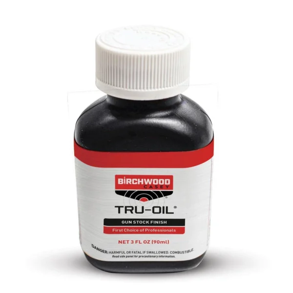 Birchwood Casey Tru-Oil Gun Stock Finish 3 oz, black bottle with white cap and red-and-white label