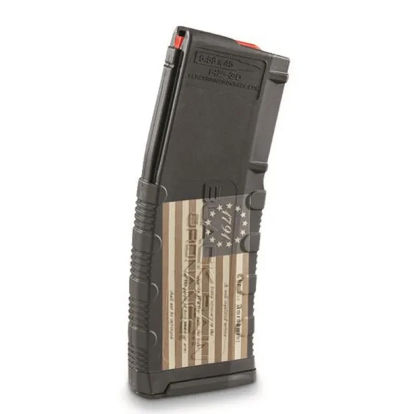 Black Rain Ordnance 1791 American Flag Rifle Magazine, dark grey angled view with flag graphic