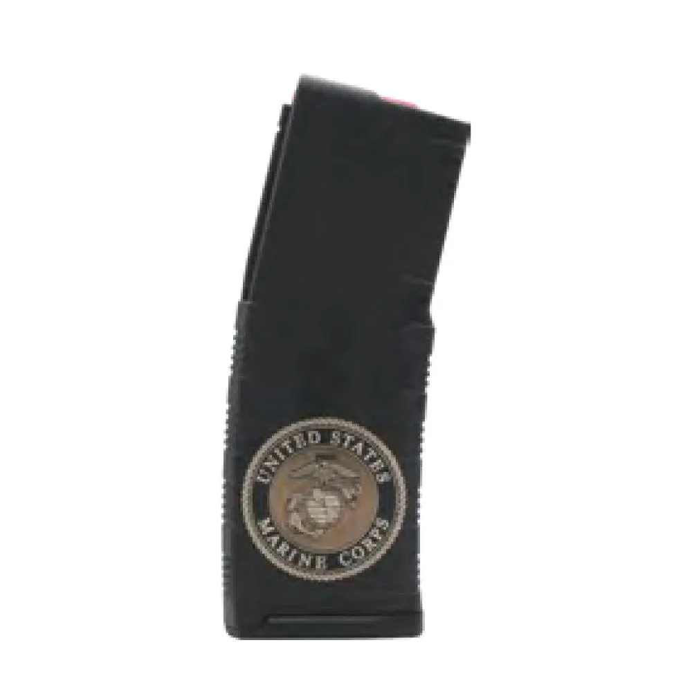 black-rain-ordnance-usmc-rifle-magazine-5-56-nato-30-rd-primary-1 Black Rain Ordnance US Marine Corps Rifle Magazine, black front view with Marine Corps emblem