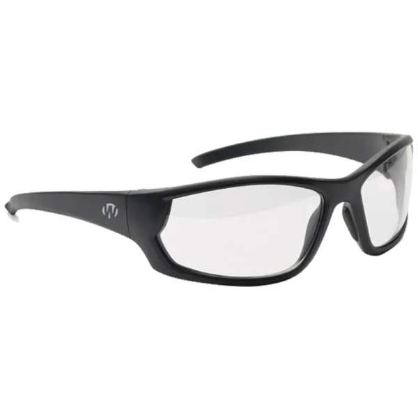 Walker's IKON Carbine black shooting glasses with clear lenses, front three-quarter view
