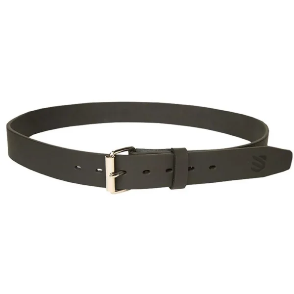 Blackhawk EDC Gun Belt - Std Buckle, dark brown leather belt with silver buckle, coiled view