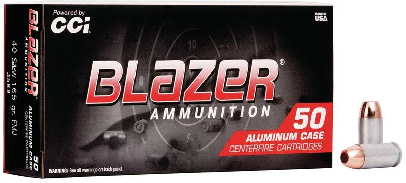 blazer-aluminum-40-sw-165-gr-fmj-ammo-primary CCI Blazer Aluminum Handgun Ammunition, black retail box with two cartridges visible