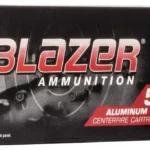 CCI Blazer Aluminum handgun ammunition, black and red box with three cartridges