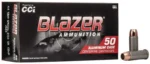 CCI Blazer Aluminum handgun ammunition, black and red box with three cartridges