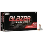 CCI Blazer Aluminum Handgun Ammunition, black and red box with two cartridges beside it