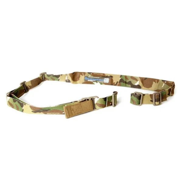 Blue Force Gear Vickers Padded Sling, Multicam sling laid flat with tan plastic hardware