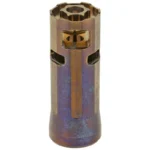Q LLC Q Bottle Rocket Muzzle Brake Enhancer, heat-coloured cylindrical metal device, front view