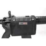 Pachmayr Ltd Tacstar Brass Catcher mounted on a rail, right-side view with black mesh bag