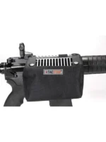 Pachmayr Ltd Tacstar Brass Catcher mounted on a rail, right-side view with black mesh bag