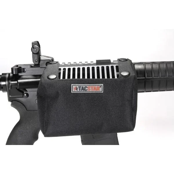 Pachmayr Ltd Tacstar Brass Catcher mounted on a rail, right-side view with black mesh bag