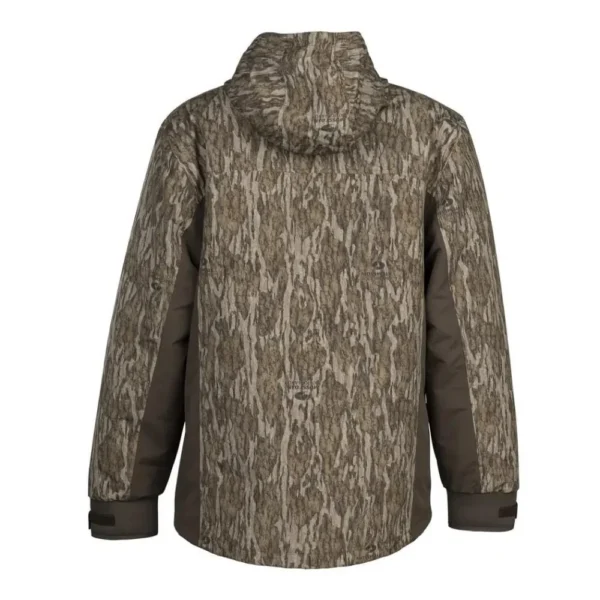 Browning Cold Front Parka Mossy Oak Bottomland, rear view with hood, dark sleeves and cuffs