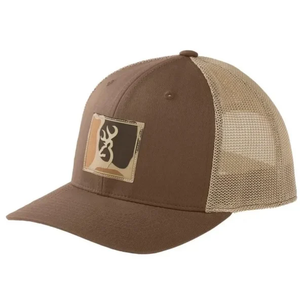 Browning Cypress Cap, brown front three-quarter view with tan mesh back and logo patch