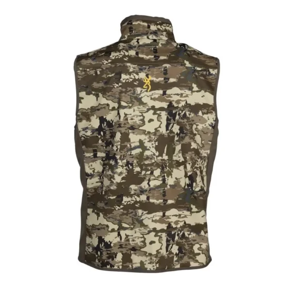 Browning Field Pro Vest Auric Camo, rear view with high collar and camouflage pattern