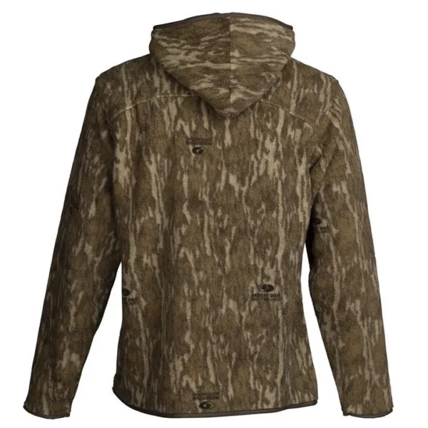 Browning Fleece 2.0 Jacket, front view in Mossy Oak Bottomland camo with hood and zippered front