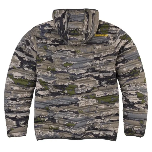 Browning Packable Puffer Jacket in Ovix camo, rear view with hood and quilted panels