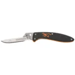 Browning Primal Scalpel Kill Kit, open folding knife with silver blade and black-orange handle
