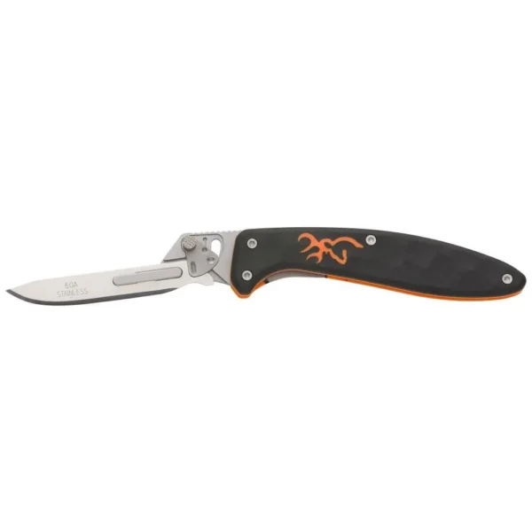 Browning Primal Scalpel Kill Kit, open folding knife with silver blade and black-orange handle