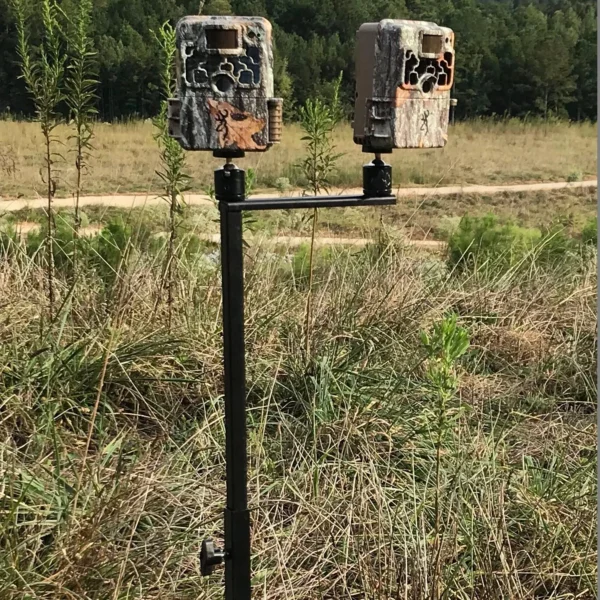 Browning Trail Camera Field Mount holding two camouflage trail cameras in a grassy field