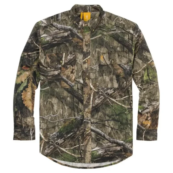 Browning Wasatch-CB Shirt, front view in Mossy Oak DNA camouflage with buttons and two chest pockets