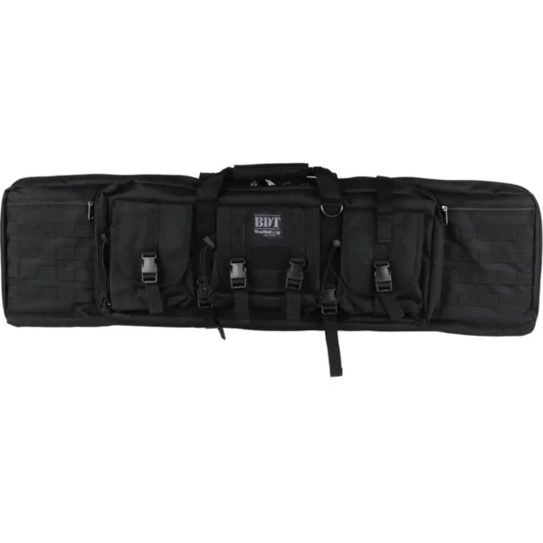Bulldog BDT Tactical Rifle Case, black front view with carry handle, pockets and buckle straps