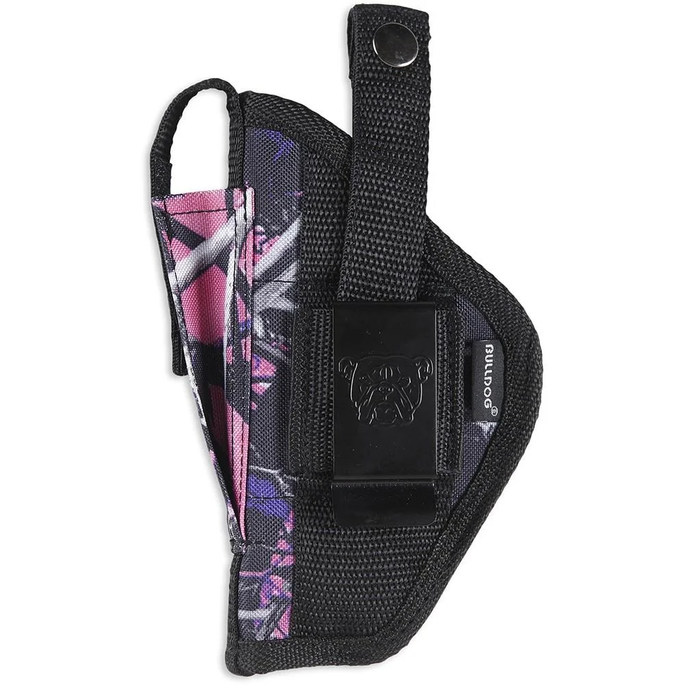 bulldog-extreme-handgun-holster-for-small-frame-re-primary Bulldog Extreme Handgun Holster, black and pink camouflage holster with loop and clip