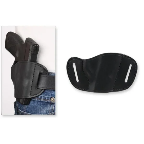 Bulldog Molded Leather Belt Slide Holster, black right-hand holster shown worn and from the back
