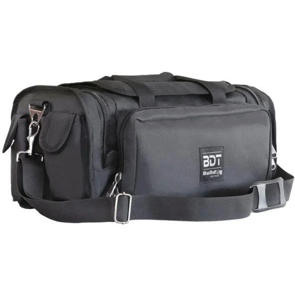 Bulldog Tactical Shooters Duffel Bag, black front view with carry handles, shoulder strap and pockets