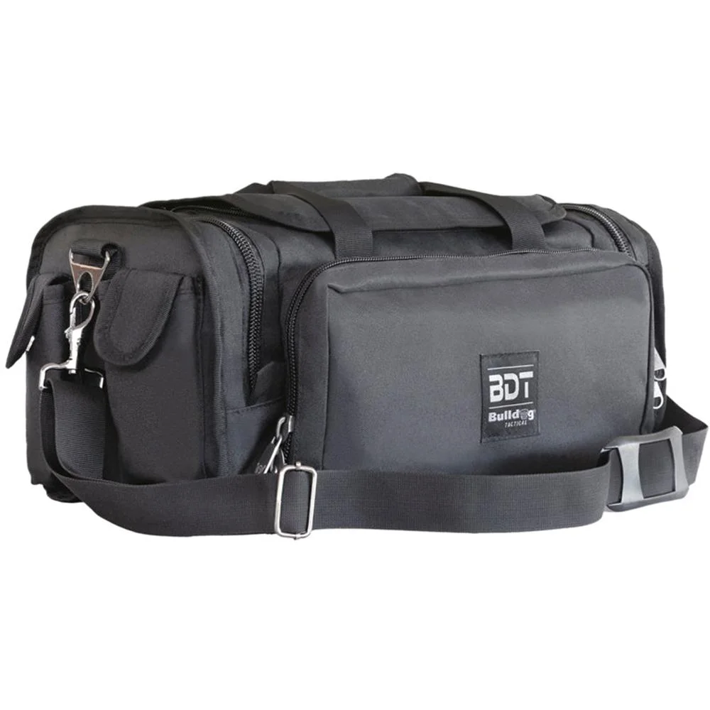 bulldog-tactical-shooters-bag-black-primary-1 Bulldog Tactical Shooters Duffel Bag, black front view with carry handles, shoulder strap and pockets