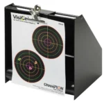 Champion Bullet Trap, black angled front view with hanging paper target and circular bullseyes