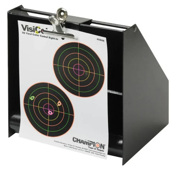 Champion Bullet Trap, black angled front view with hanging paper target and circular bullseyes