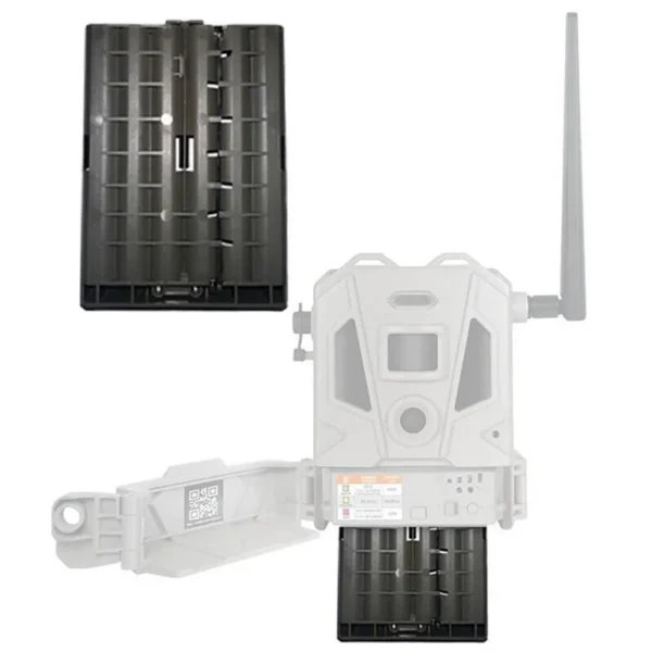 Bushnell CelluCORE Lithium Battery Pack Dual Sims, black battery pack shown with trail cameras