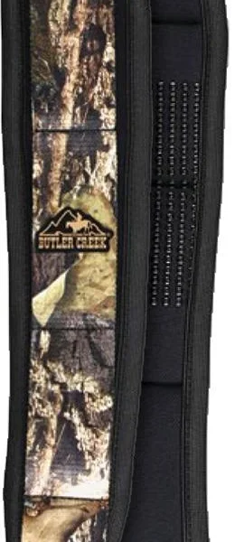 Butler Creek Rifle Sling with Swivel, vertical front view with camouflage panel and black straps