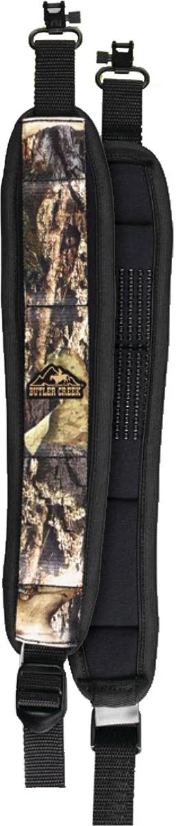 butler-creek-sling-mossy-oak-break-up-primary Butler Creek Rifle Sling with Swivel, vertical front view with camouflage panel and black straps