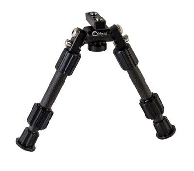 AOB Caldwell Accumax Premium Bipod, front view of black bipod with telescoping legs