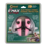 AOB Caldwell E-MAX Low Profile Hearing Protection pink earmuffs in retail packaging, front view